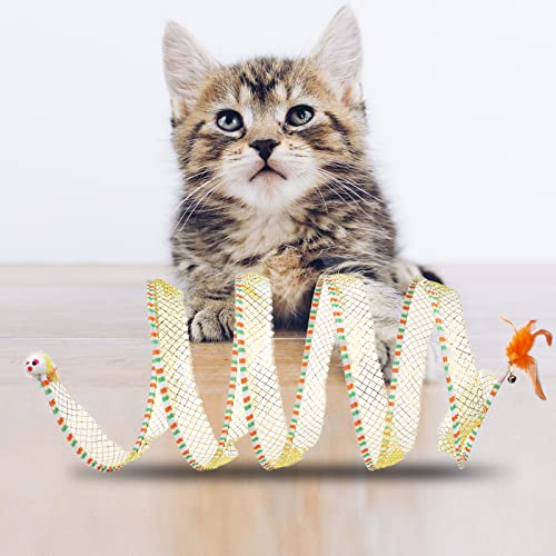 2pcs, Folded Cat Tunnel Spring, 10in Large Size Portable Cat Toy Spiral Tunnel, with Synthetic Feather and Toy Mouse Tunnel Spring Outdoor Puppy Kitten Generic (Striped Yellow, Purple)