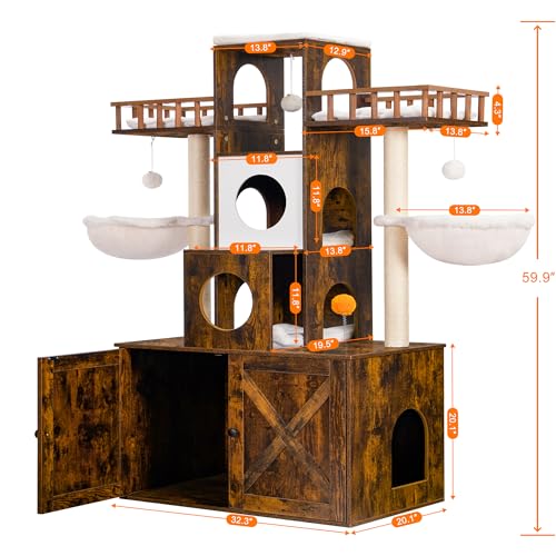 Heybly Cat Tree with Litter Box Enclosure for Indoor Big Cat, Cat Tower for Large Cats 20lbs Heavy Duty, Modern Cat Condo Furniture with Scratching Posts, Rustic Brown HCT110SR - color: Rustic Brown