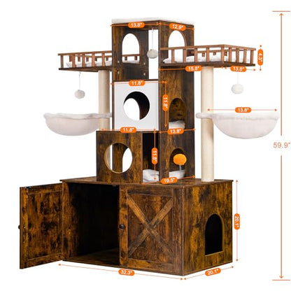 Heybly Cat Tree with Litter Box Enclosure for Indoor Big Cat, Cat Tower for Large Cats 20lbs Heavy Duty, Modern Cat Condo Furniture with Scratching Posts, Rustic Brown HCT110SR - color: Rustic Brown