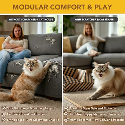 Foldable Cardboard Cat House & Bed for Indoor Cats – Origami Cat Cardboard Hideaway with Honeycomb Scratcher Pad, Collapsible Travel-Ready, FSC-Certified, Silver Award Winner, Black - color: Black