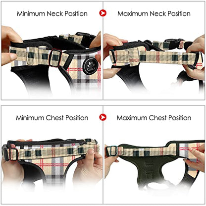 No Pull Dog Harness with Leash, Reflective No Choke Pet Vest Harness,Adjustable Soft Padded Dog Harness with Easy Control Handle for Small Dogs(Checkered Beige,Small) - color: Checkered Beige, size: 【S】neck 11-15" chest 15-21"