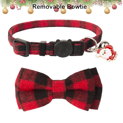 ADOGGYGO Christmas Cat Collars Breakaway with Cute Bow Bell - 2 Pack Red Green Plaid Kitten Collar with Removable Bowtie Christmas Collar for Cats Kittens - color: Red&Green-1