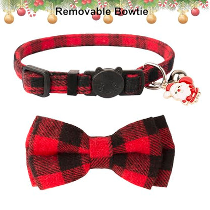 ADOGGYGO Christmas Cat Collars Breakaway with Cute Bow Bell - 2 Pack Red Green Plaid Kitten Collar with Removable Bowtie Christmas Collar for Cats Kittens - color: Red&Green-1