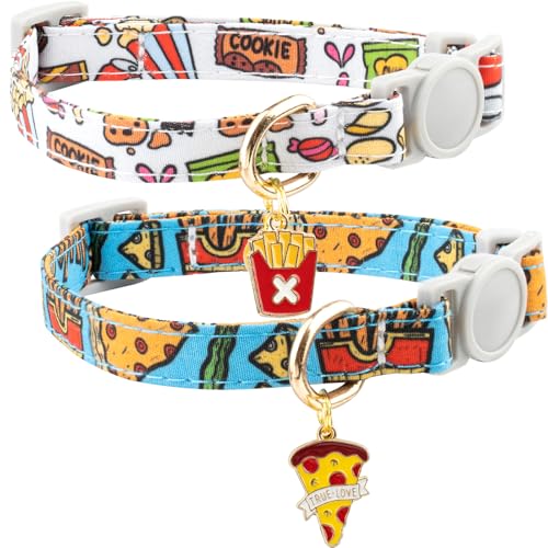 Faygarsle 2 Pack Breakaway Cat Collar with Bells for Female Malel Cats Cute Blue White Collar with Pizza Fries Charm for Cats - color: Blue&White