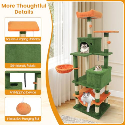 PETSITE 66 Inches Tall Cat Tree, Multi-Level Cat Tower with Sisal Scratching Posts, Side Basket, 2 Comfy Condos, Hammock, Soft Padded Top Perch, and Hanging Balls, Ideal for Indoor Cats (Green) - color: Green
