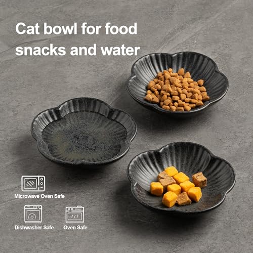 Cat Food Bowls, Ceramic Cat Plates, Dish for Food, Water and Snack, 4.72 Inch, Indoor and Outdoor Use, Kitten Puppy and Small Animals Bowls Set of 3 (Black) - color: black