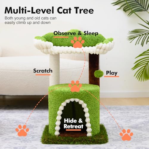 Woochpet Multi-Level Cat Tree with Sisal Scratching Post, Small Cat Tower with Cozy Condo, Soft Top Perch and Interactive Toy Mouse, Cute Forest Design Cat Furniture for Indoor Cats and Kittens