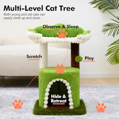 Woochpet Multi-Level Cat Tree with Sisal Scratching Post, Small Cat Tower with Cozy Condo, Soft Top Perch and Interactive Toy Mouse, Cute Forest Design Cat Furniture for Indoor Cats and Kittens