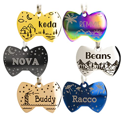 Personalized Dog Tag with 5 Lines of Custom Deep Engraved Durable Stainless Steel Pet ID Name Tag Designer Regular Size Bow Tie - size: Regular, style: Bow-Tie