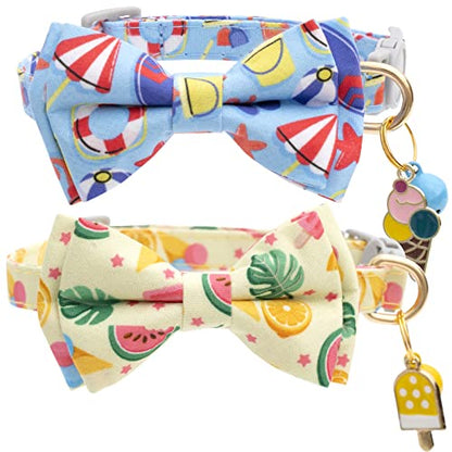 Faygarsle 2 Pack Cute Cat Collar with Bell Breakaway Bowtie for Male Female Cats Soft Fancy Blue Yellow with Ice Cream Sea Pattern Summer Cat Collar for Boy Girl Cats - color: Beach&Sea