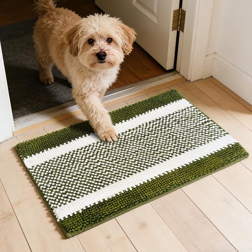 Dog Door Mat for Muddy Paws - Absorbent Quick-Dry Non-Slip Washable Chenille Pet Rug, Indoor Entryway Mat for Front Door & Crate (Green White, 30" L*18" W) - color: Green White, size: 30"L*18"W