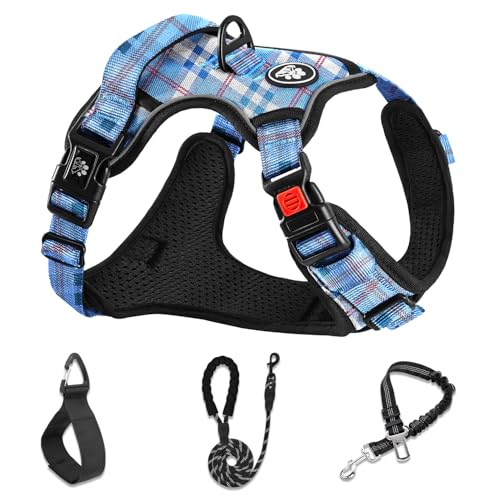 No Pull Dog Harness with Leash, Reflective No Choke Pet Vest Harness,Adjustable Soft Padded Dog Harness with Easy Control Handle for Small Dogs(Checkered Blue,Small) - color: Checkered Blue, size: 【S】neck 11-15" chest 15-21"