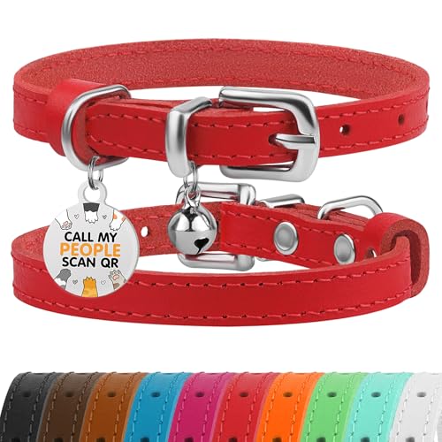 Leather Cat Collar with Removable Bells Non Breakaway Kitten QR Tag for Girl Boy (7" - 9" for Cats, Red & Silver) - color: Red & Silver, size: 7 - 9 inch