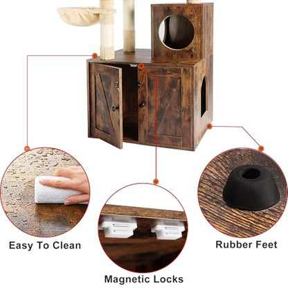 Timberer Cat Tree Tower with Litter Box Enclosure, 2-in-1 Wooden Cat Condo with Sisal Scratching Post, Hammock, Brown - color: Brown