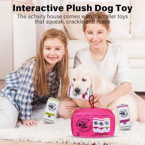 Puppy Plush Squeaky Hide-and-Seek Toy, Funny Imitation Wine Bottle Pattern, Three Miniature Toys and Activity House Combination Set Suitable for Small, Medium and Large Dog Birthday Gifts Rose