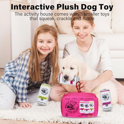 Puppy Plush Squeaky Hide-and-Seek Toy, Funny Imitation Wine Bottle Pattern, Three Miniature Toys and Activity House Combination Set Suitable for Small, Medium and Large Dog Birthday Gifts Rose