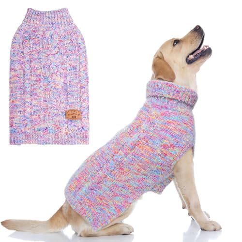 BEAUTYZOO Small Dog Sweater -Turtleneck Pullover Classic Cable Knit Fuzzy Winter Coat Dog Cold Weather Clothes for Small Medium Dogs Puppy Girl Boys(Rainbow Pink, L) - color: Gradient Pink, size: L (Back: 20",Chest: 26", Neck: 17")