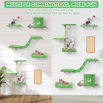 Cat Wall Shelves, 6 in 1 Cat Wall Furniture Set with Condos House, Bed, Bridge, Tree, Steps, Scratching Board, DIY Walls Playground for Indoor (Green) - color: Green