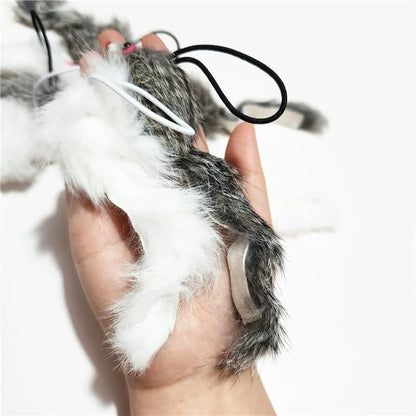 Real Rabbit Fur Mouse Cat Toy - 5 Pack with Crinkle Sound, Rattle & Rope, Extra-Wide Durable Tail, Interactive Hunting Toys for Indoor Cats (No Catnip) - color: White/Grey