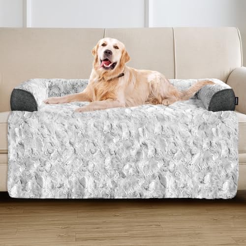 Calming Extra Large Dog Bed for Couch, 45 x 37 inch Removable Couch Cover for Dogs Washable, Non-Slip Fluffy Plush Dog Sofa Mat for Furniture Protector - Grey - color: Grey, size: X-Large