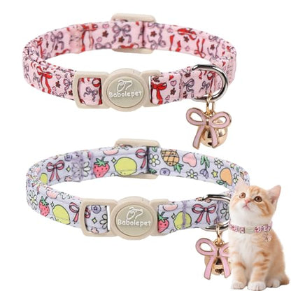2 Pack Sweet Girly Cat Collars - Elegent Bow Breakaway Cat Collar with Bell & Matching Pendant, Adjustable Spring Summer Pink Purple Kitten Collars for Girl Cats - color: Fruit Bow