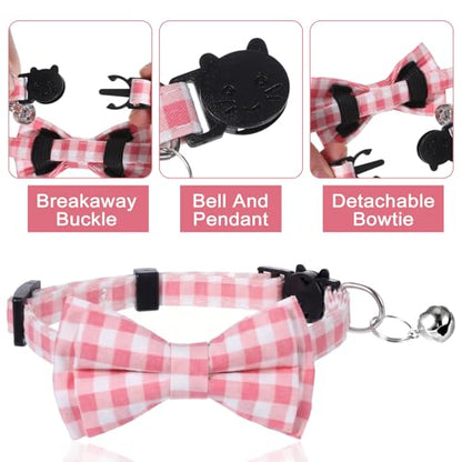 3pcs Bow Tie Cat Collar with Bells, Breakaway Bowtie Plaid Cat Collar, Soft Adjustable Bow Cats Collars for Kitten Puppy and Small Pets - color: pink