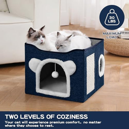 Cat House for Indoor Cats, Large Cat Bed Cave with Scratch Pad and Fluffy Ball, Foldable Cat Hideaway Condo, Kitten Bed, 16x16x13inch (Blue, Large) - color: Blue
