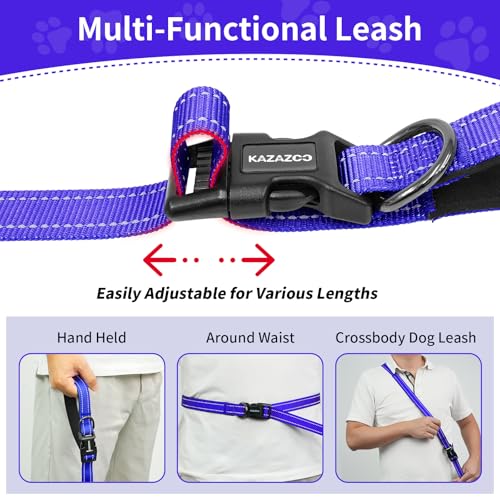 Hands Free Dog Leash by Kazazoo, Adjustable 6-9 FT Waist & Crossbody Leash with Quick Off Buckle, Reflective Stitches for Walking, Jogging,Medium to Large Dogs & Puppies Blue-L - color: Blue, size: L
