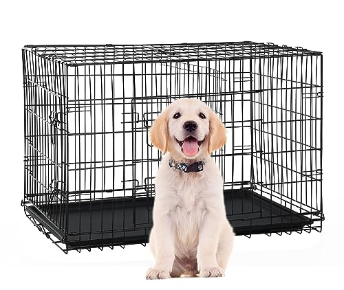 24 Inch Small Dog Crate, Heavy Duty Dog Crates for Small Dogs, Metal Wire Folding Dog Cage with Removable Trays, Locks, Double-Door, Divider Panel, Handle, Puppy Crate Pet Crate (24 in, Black) - color: Black, size: 24.0"L x 18.0"W x 19.0"H