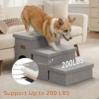 Zerbuger Dog Stairs 18" H, 3-Step Wider Dog Steps for High Beds Couch, Folding Storage Pet Stairs Gift for Small/Medium/Large Old Dogs Cats, Ramp for Climbing Car Up to 200 lbs, (Gray, with Condo)