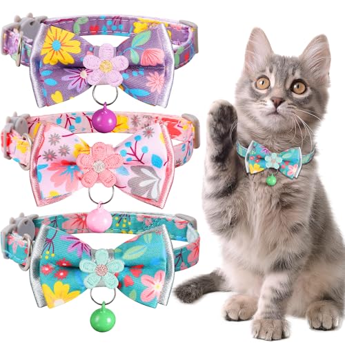Cat Collar Breakaway, HYQHYX Floral Kitten Collar with Bell, Cute Cat Collar with Bow for Girl Boy Removable Bowtie - color: Pink + Purple + Green