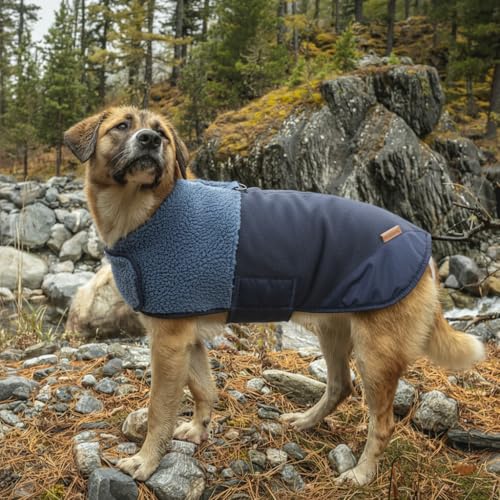 Waterproof Dog Coat, Fleece Lined Jacket with Built-in Harness (Blue, Medium) - color: Blue