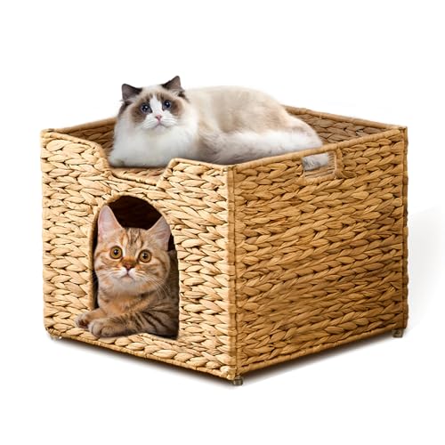 Cat Houses for Indoor Cats, Handwoven Cat Cave Pet Cube, Natural Pet Cat House, Cat Beds with Double-Sided Mat, Cat Condo Hideaway in Living Room Bedroom - color: Seagrass, size: 16.5inch*16.5inch*12.5inch