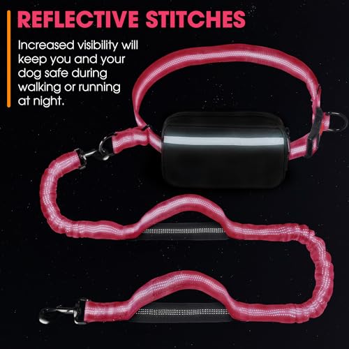 Hands Free Dog Leash with Waist Belt – No-Pull Bungee, Dual Padded Handles & Zipper Pouch for Running, Walking & Training – Adjustable Waist Leash for Large & Medium Dogs (Pink) - color: Pink