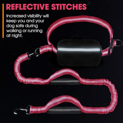 Hands Free Dog Leash with Waist Belt – No-Pull Bungee, Dual Padded Handles & Zipper Pouch for Running, Walking & Training – Adjustable Waist Leash for Large & Medium Dogs (Pink) - color: Pink