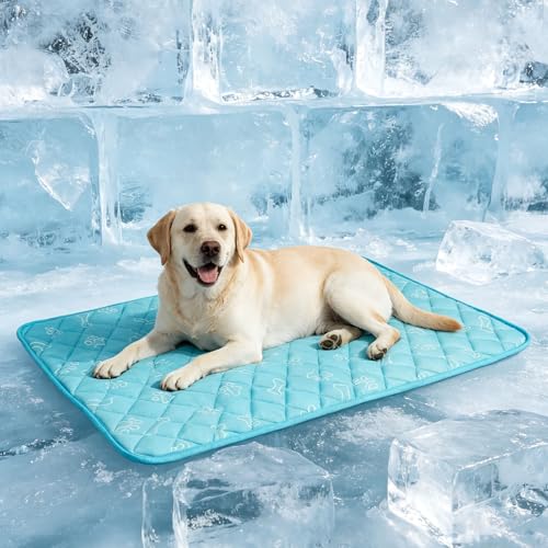 BEAUTYZOO Dog Cooling Mat for Large Dogs 47"x28" – Upgraded Thick Cooling Mat for Dogs with Chill Cool Fiber Q-Max>0.43 – Waterproof, Non-Slip, Washable Crate Cooling Pad for Summer & Indoor Outdoor - color: Blue Paw, size: X-Large 28" x 47" (1 Pack)