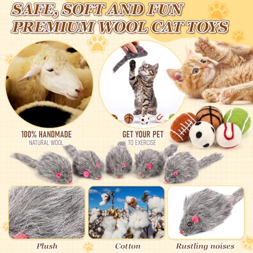 Outus 10 Pcs Cat Toys Bulk Include 5 Furry Mouse & 5 Sport Themed Pom Pom Balls for Cat and Kitty Mice Toys Felt Wool Ball Soft Quiet Interactive Catch Without Catnip for Yard Apartment Indoor Outdoor