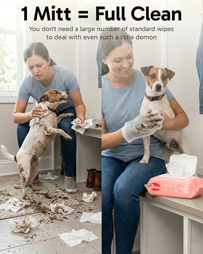 Dusico® Pet Glove Wipes with Microfiber Towel (20 Pack) Unscented – Chlorhexidine Dog Wipes – Oil-Free & Aloe-Free Hypoallergenic Cat Grooming Gloves. Deodorizing Formula with Cucumber & Chamomile