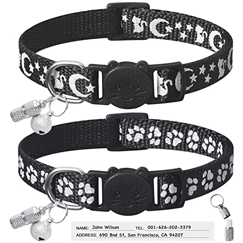 LLHK 2 Pack Breakaway Cat Collars & 2 Pcs Name Tags,Reflective Safety Kitten Collar with Bell,for Girl Boy Male Cats,Adjustable 7''-12'', Personalized ID Tag,Pet Supplies,Accessories - color: Black