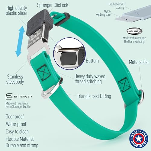Biothane Waterproof Durable Dog Collar with Herm Sprenger - Quick Release ClicLock Buckle - Fits Medium and Large Dogs - Made in USA (Teal, W 3/4" x L 12"-19") - color: Teal, size: W 3/4" x L 12"-19"