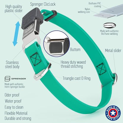 Biothane Waterproof Durable Dog Collar with Herm Sprenger - Quick Release ClicLock Buckle - Fits Medium and Large Dogs - Made in USA (Teal, W 3/4" x L 12"-19") - color: Teal, size: W 3/4" x L 12"-19"