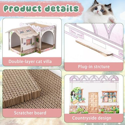 Lineshading 2 Story Cardboard Cat House with Scratcher Pad, Multi Level Durable Cat Scratcher House for Small Kitten Bunny Rabbit Animals Christmas Birthday Gift(17x12x10,Cottage) - style: Cottage
