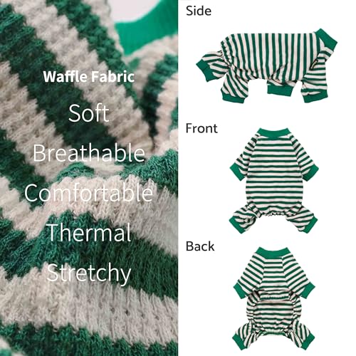 Fitwarm Green and White Striped Dog Pajamas, Waffle Dog Clothes for Small Dogs Girl Boy, Puppy Onesie with Feet, Pet Cat Outfit, Large - color: Green, size: Large