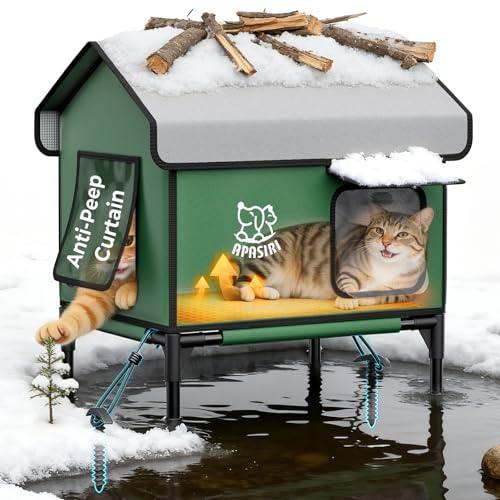 Outdoor Cat House Weatherproof – Insulated Feral Cat Shelter with Heating Pad, Water Resistant 900D Oxford, Anti-Peep Curtains & Escape Door, Elevated Design for All Seasons, Small - color: Cat House - Outdoor - Small
