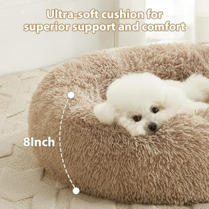 WNPETHOME Calming Dog Bed, Anti-Anxiety Donut Small Dog Bed, Fluffy Faux Fur Cat Cushion, 27 x 27 inch, Brown - color: Brown, size: 27"L x 27"W x 10"Th