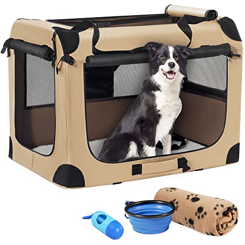 Petprsco Portable Dog Crate - 32"x23"x23" Collapsible Dog Travel Crate for Medium/Large Dogs with Soft Blanket, Foldable Bowl & Poop Bag Dispenser - Indoor & Outdoor Use - color: Beige, size: 32x23x23 Inch
