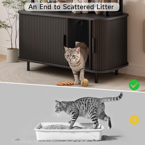 ONBRILL 54 Inch Hidden Litter Box Furniture with Shelves and Outlets,Fluted Cat Litter Box Enclosure, Mid-Century Modern Wooden Cat House with Sliding Tambour Door and Hooks, Black - color: Black