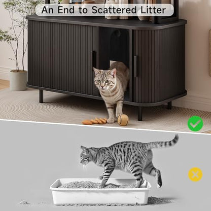 ONBRILL 54 Inch Hidden Litter Box Furniture with Shelves and Outlets,Fluted Cat Litter Box Enclosure, Mid-Century Modern Wooden Cat House with Sliding Tambour Door and Hooks, Black - color: Black