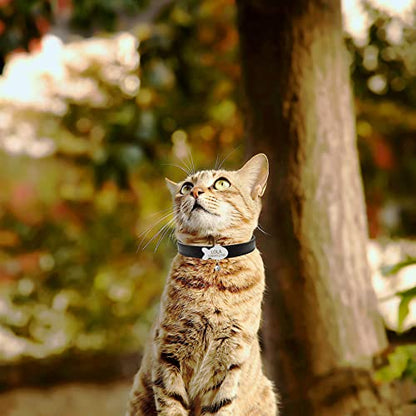 Personalized Soft PU Leather Cat Collar with Nameplate,Custom Engraving Name & Phone Fish Shaped Slidable ID Tag Cat Collar with Bell,Cat Neck Strap for Kitty
