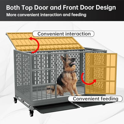 Snuowu 48 Inch Heavy Duty Dog Crate with Wheels, Folding Metal Big Dog Cage for Large and Medium Dogs, Extra Large XL XXL Indestructible Dog Crate with Removable Tray. - size: 48-Inch Silver （Fold）